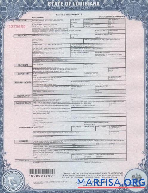 Realistic USA Louisiana death cert sample
